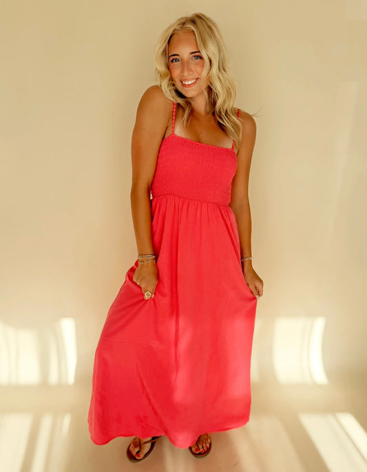 Hot Pink Pom Pom Smocked Maxi Dress