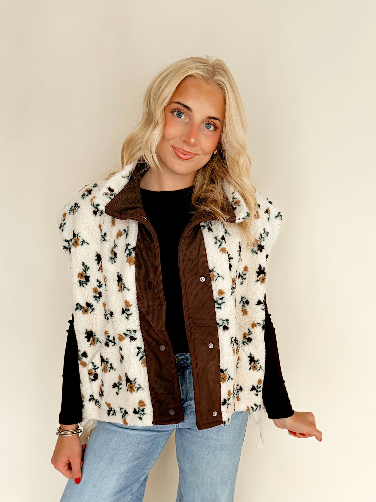 Cream Floral Sherpa Vest