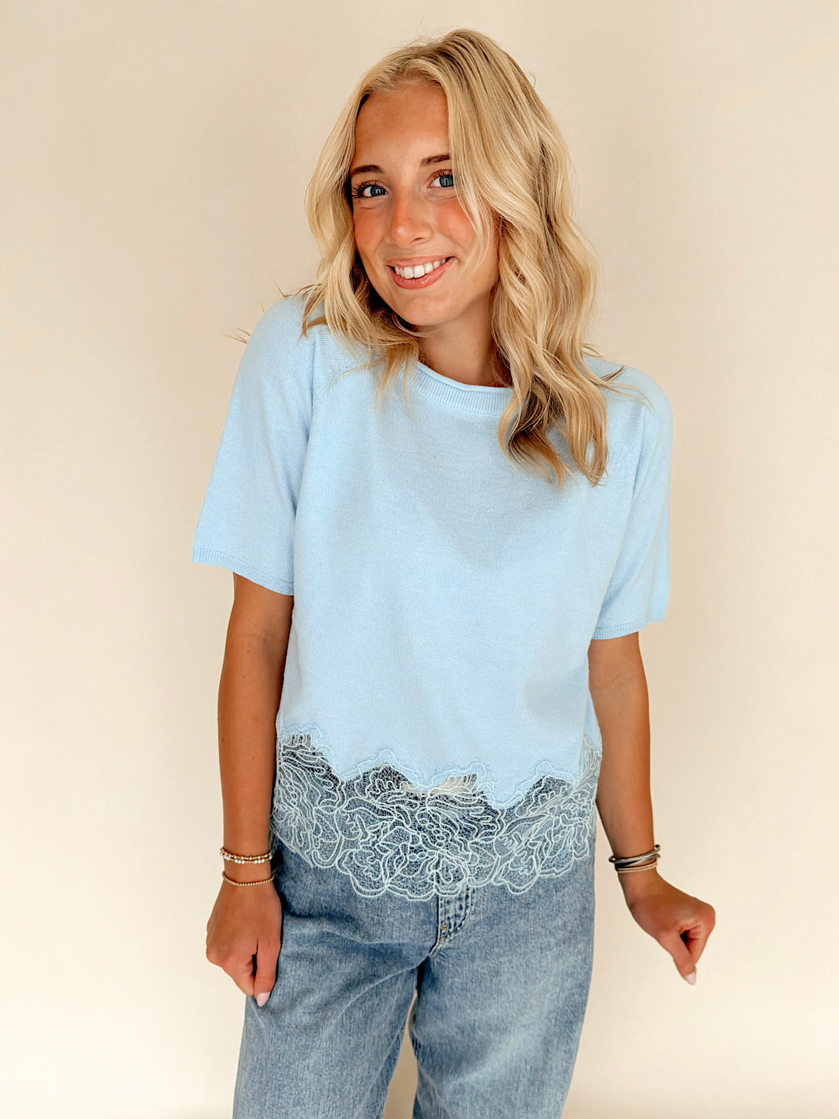 Baby Blue Lace Trim Short Sleeve Sweater Top