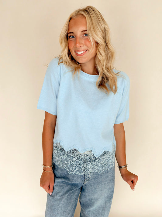 Baby Blue Lace Trim Short Sleeve Sweater Top
