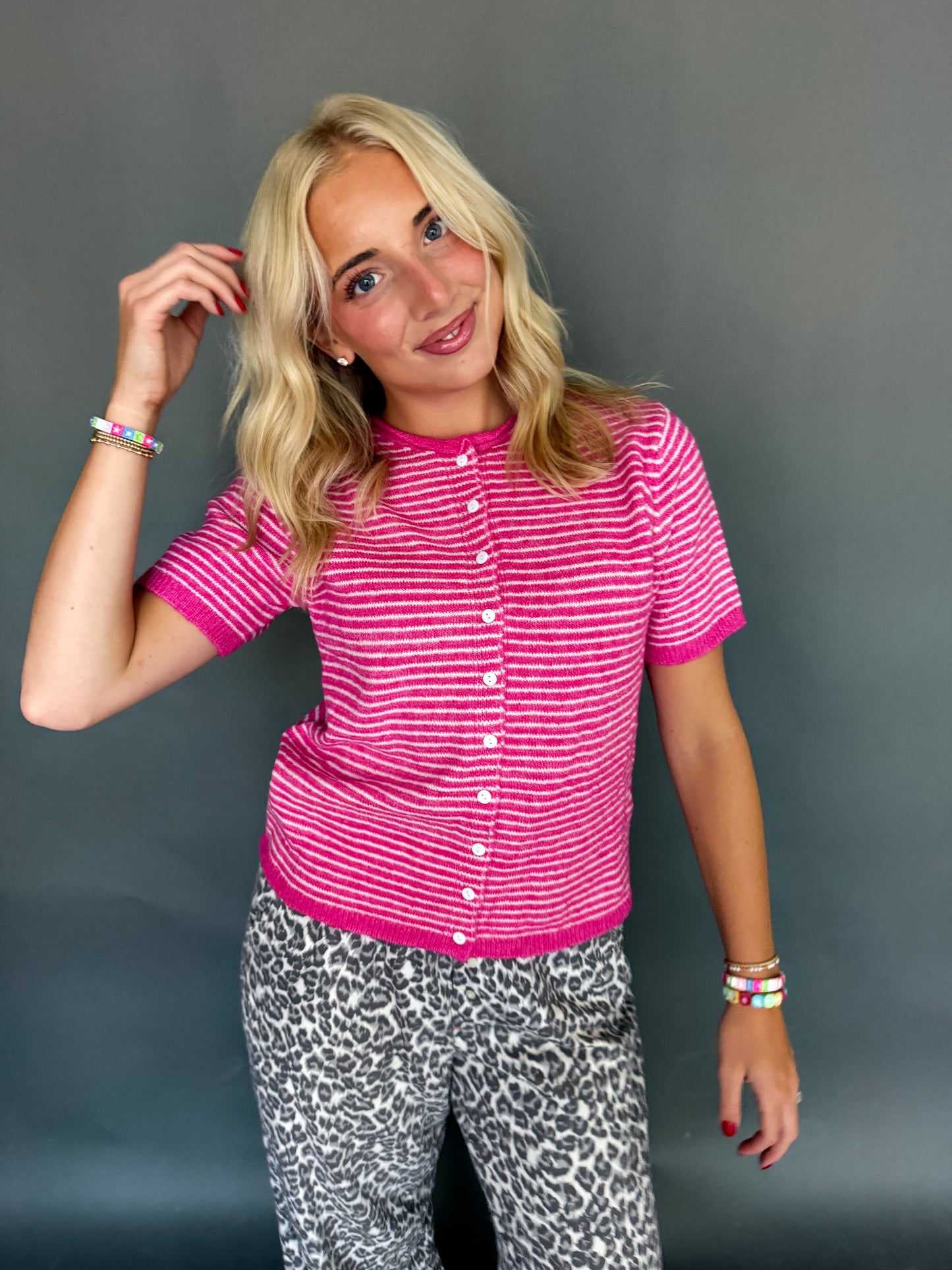 Bright Pink Striped Short Sleeve Button Cardigan