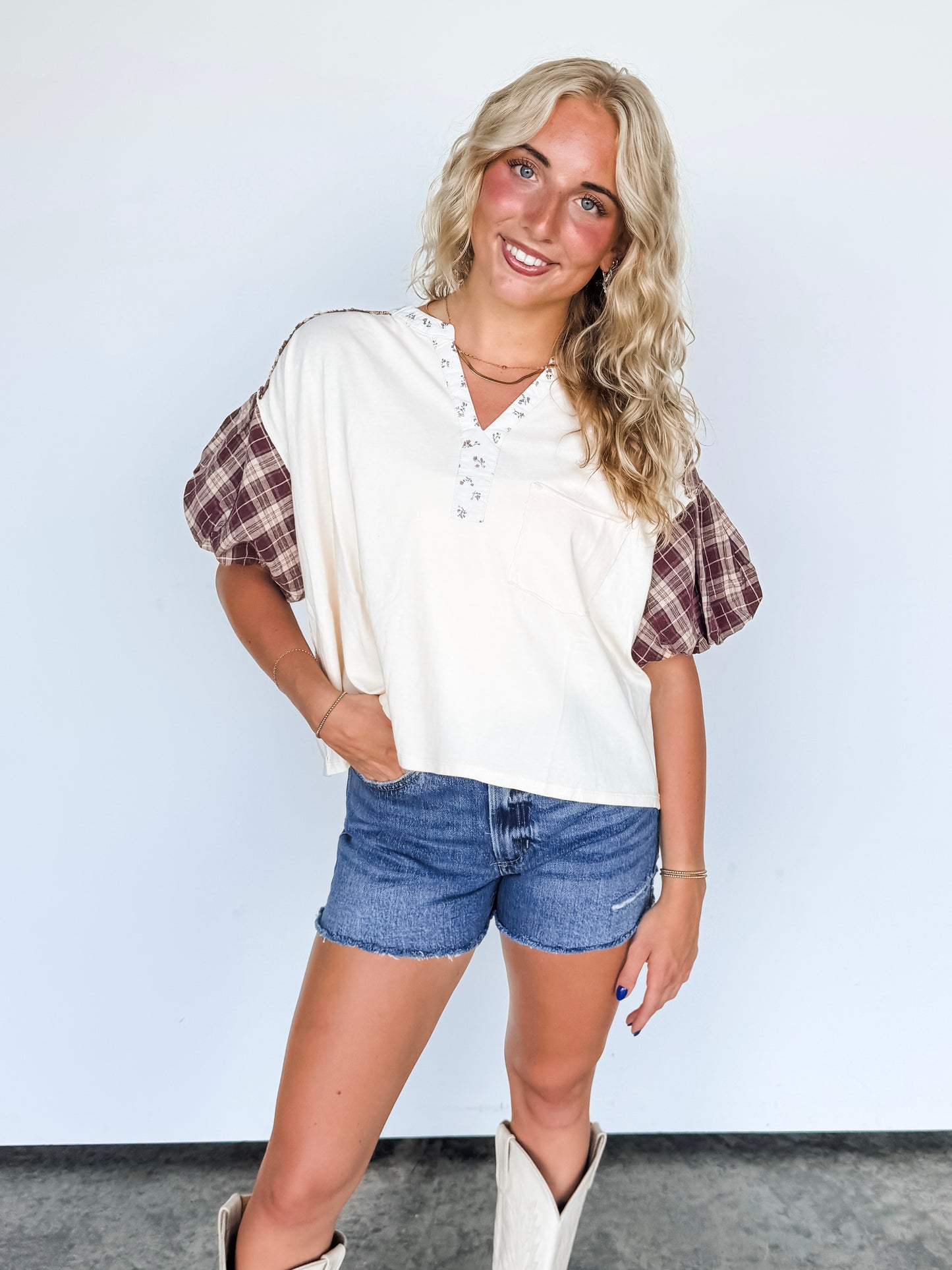 Cream & Berry Plaid Puff Sleeve Top