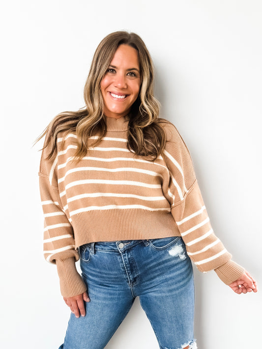 Taupe & Cream Striped Mock Neck Sweater