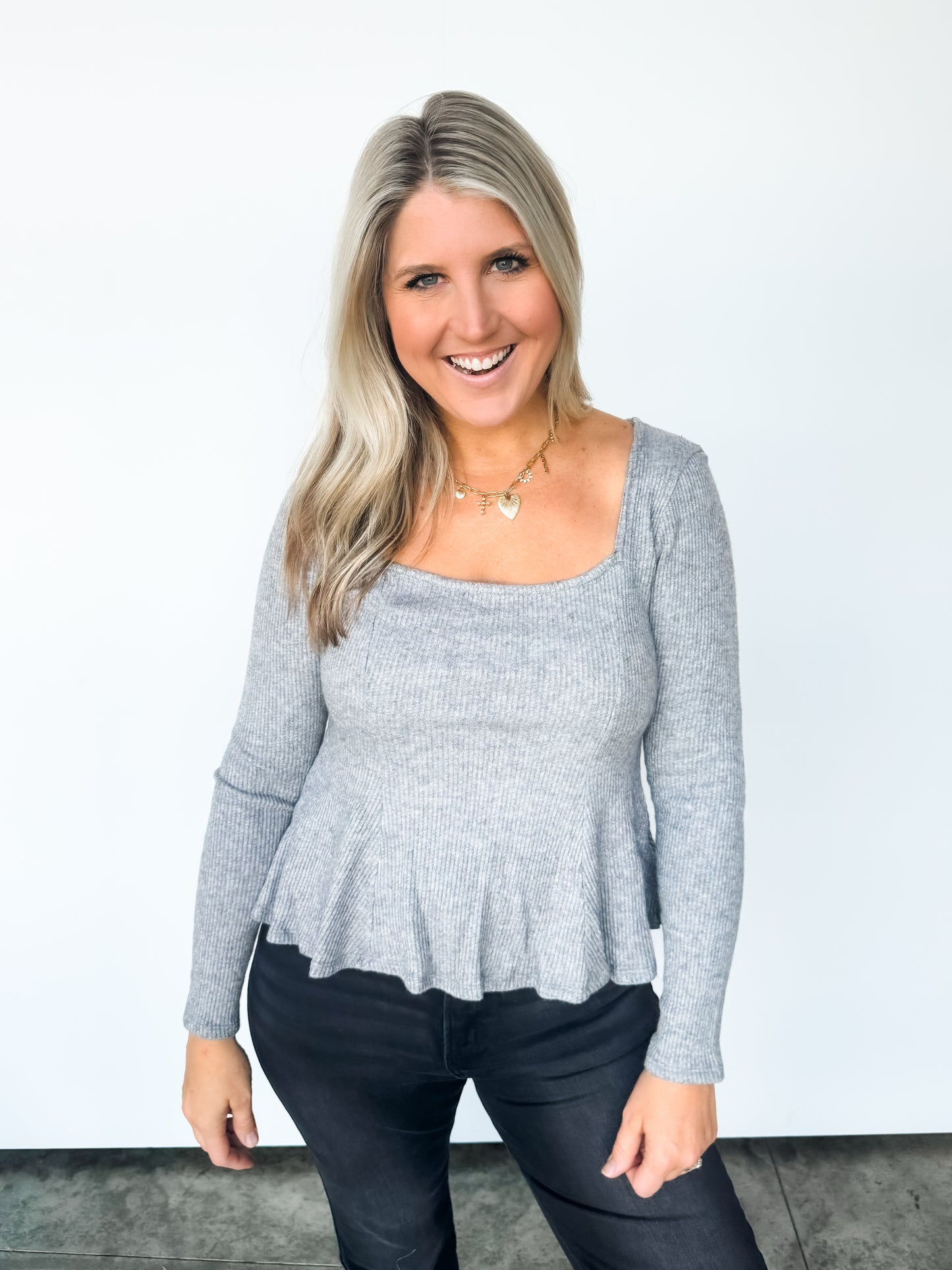 Grey Square Neck Ruffle Top