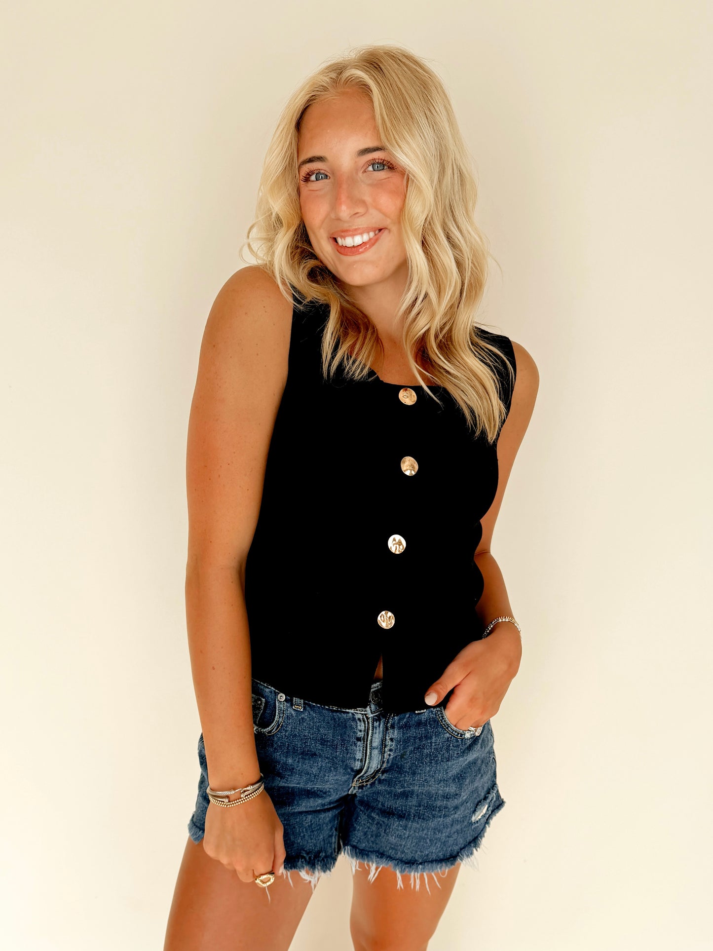 Black Gold Button Knit Tank Top