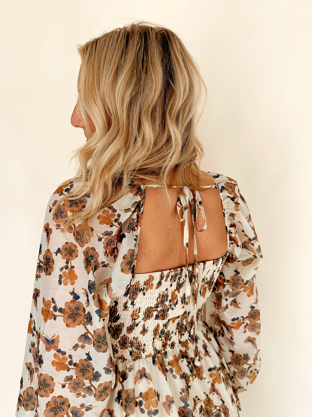 Cream Floral Print Velvet Trim Maxi Dress
