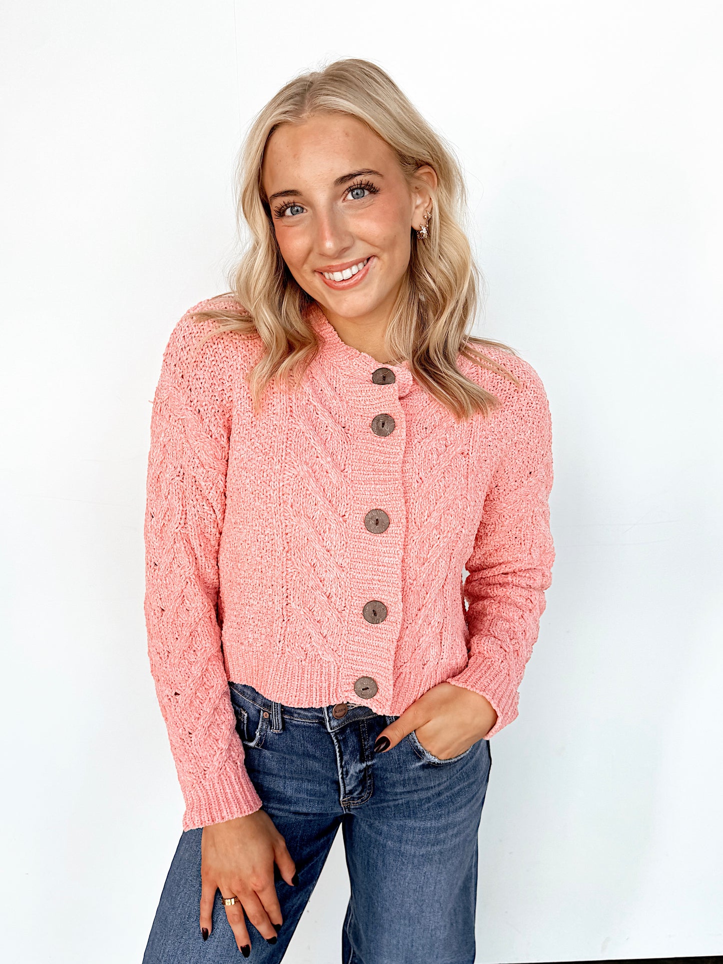 Pink Scalloped Edge Cardigan Sweater