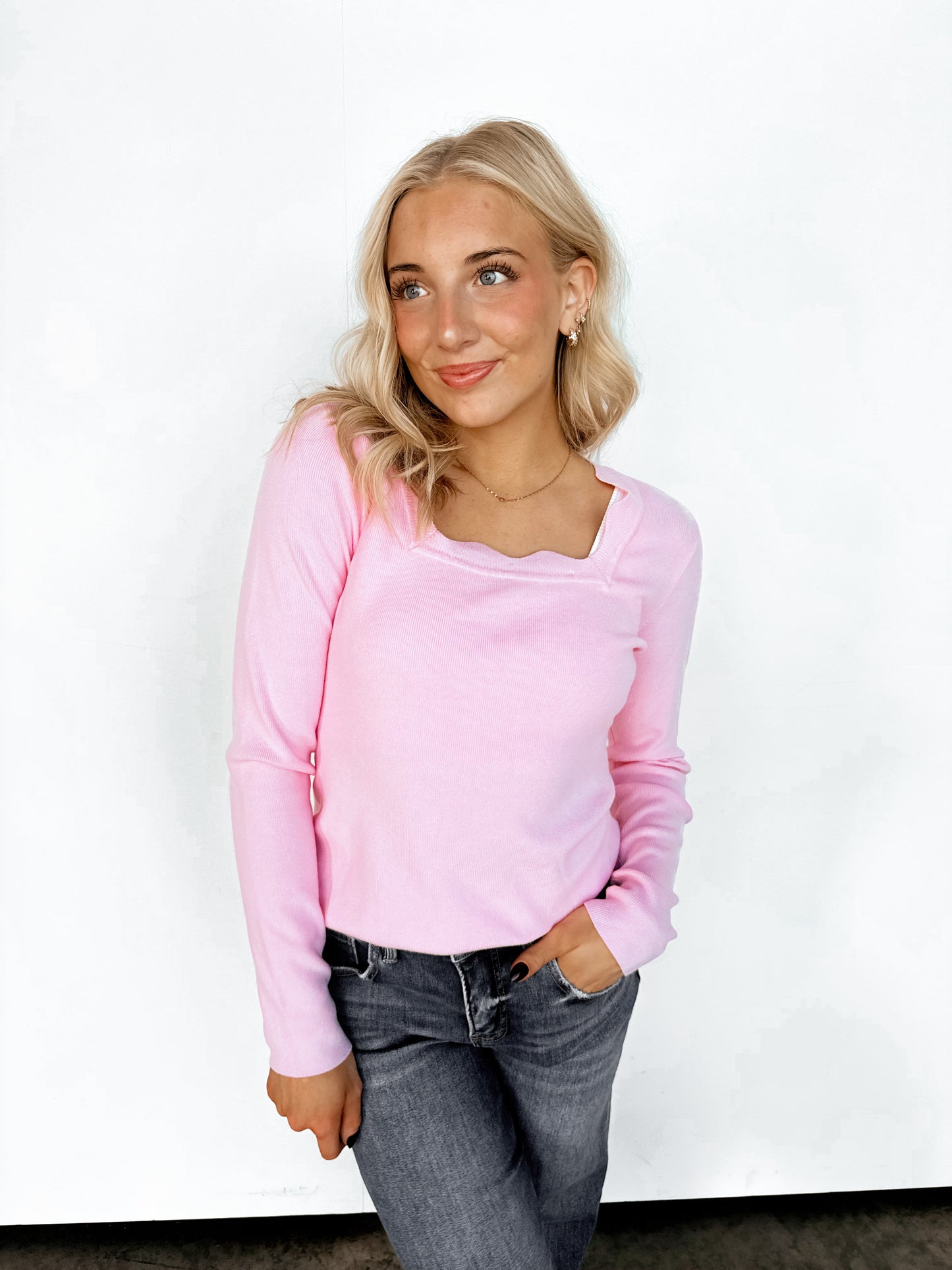 Pink Scalloped Neckline Top