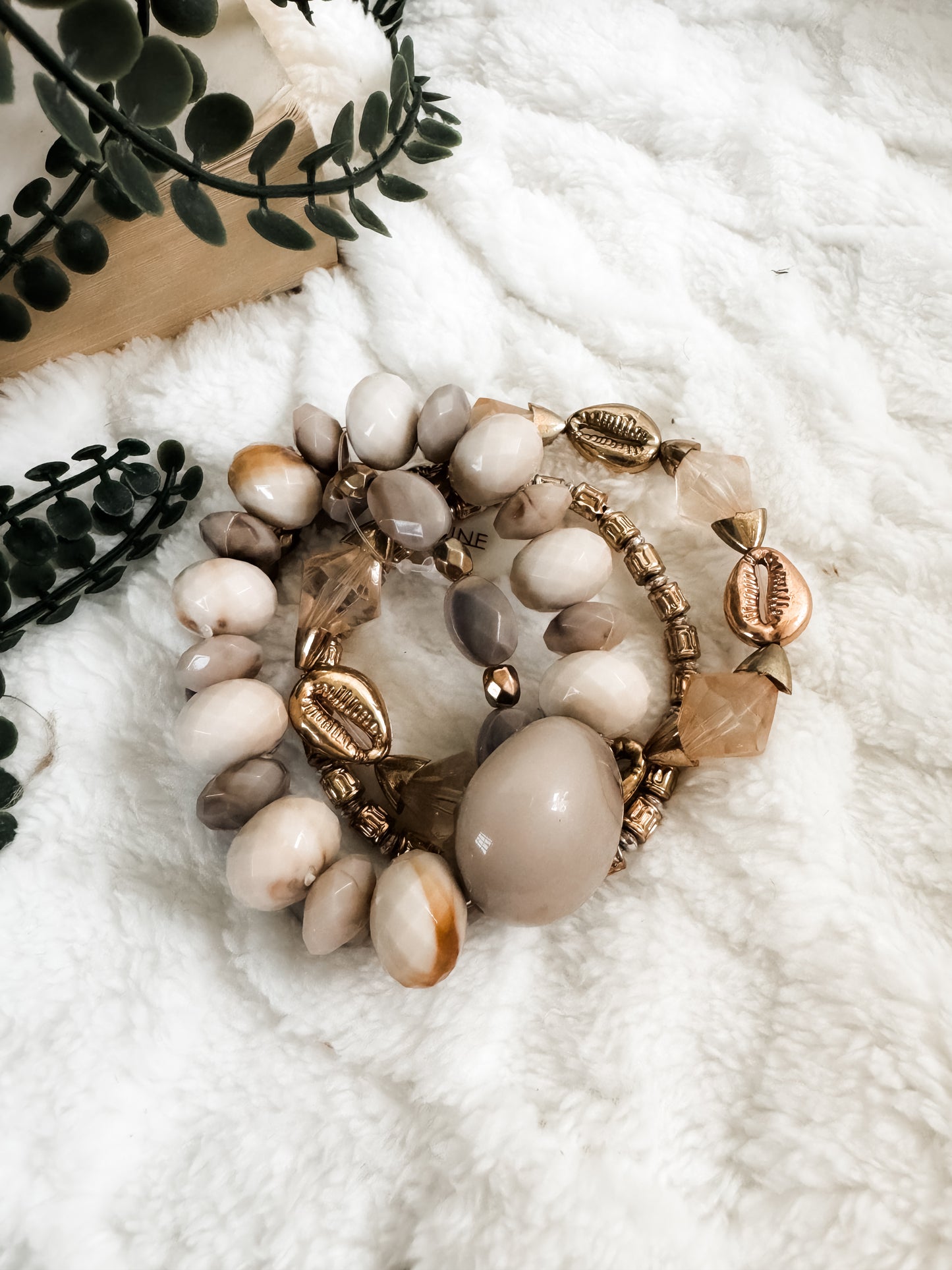 Taupe Chunky Beaded Bracelet Stack