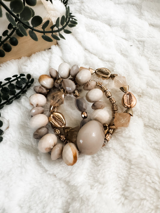 Taupe Chunky Beaded Bracelet Stack