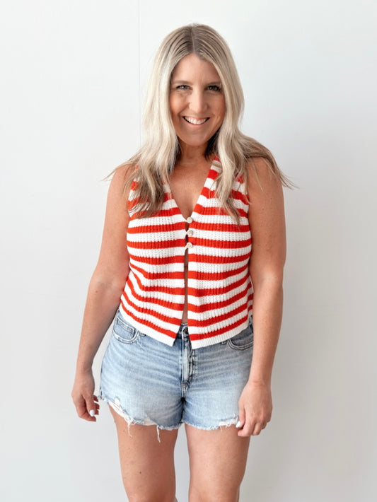 Red Striped Button Up Sweater Vest