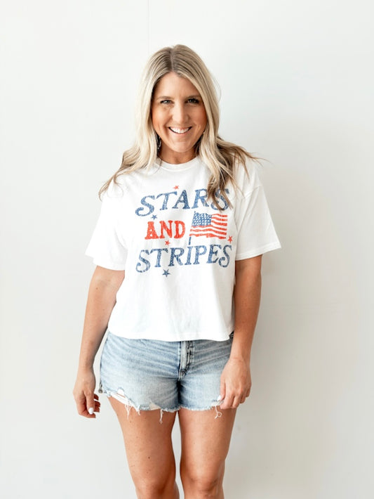 White Stars & Stripes Long Cropped Graphic Tee