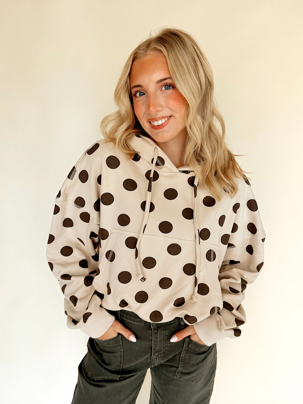 Cream & Brown Polka Dot Hooded Top