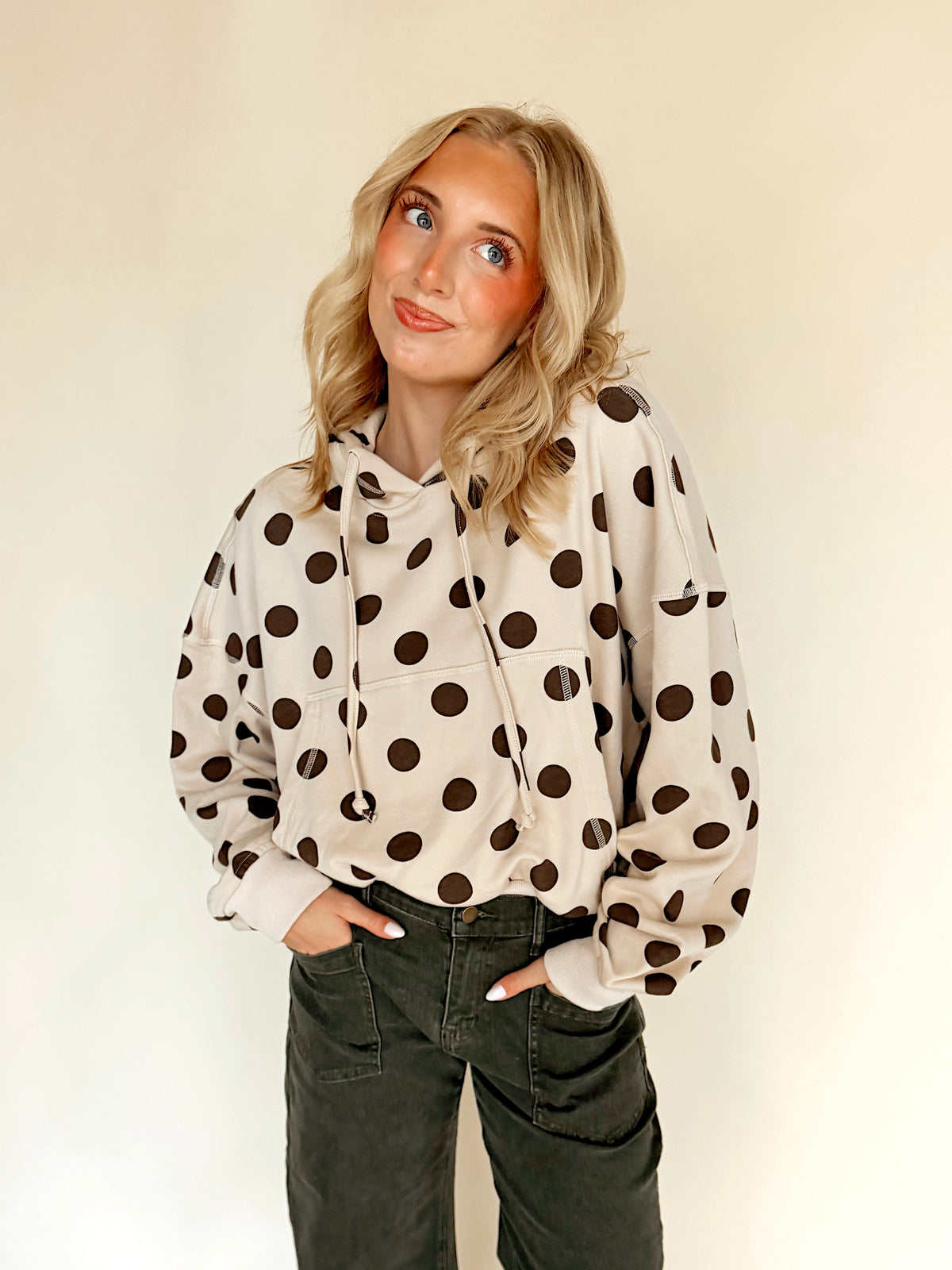 Cream & Brown Polka Dot Hooded Top