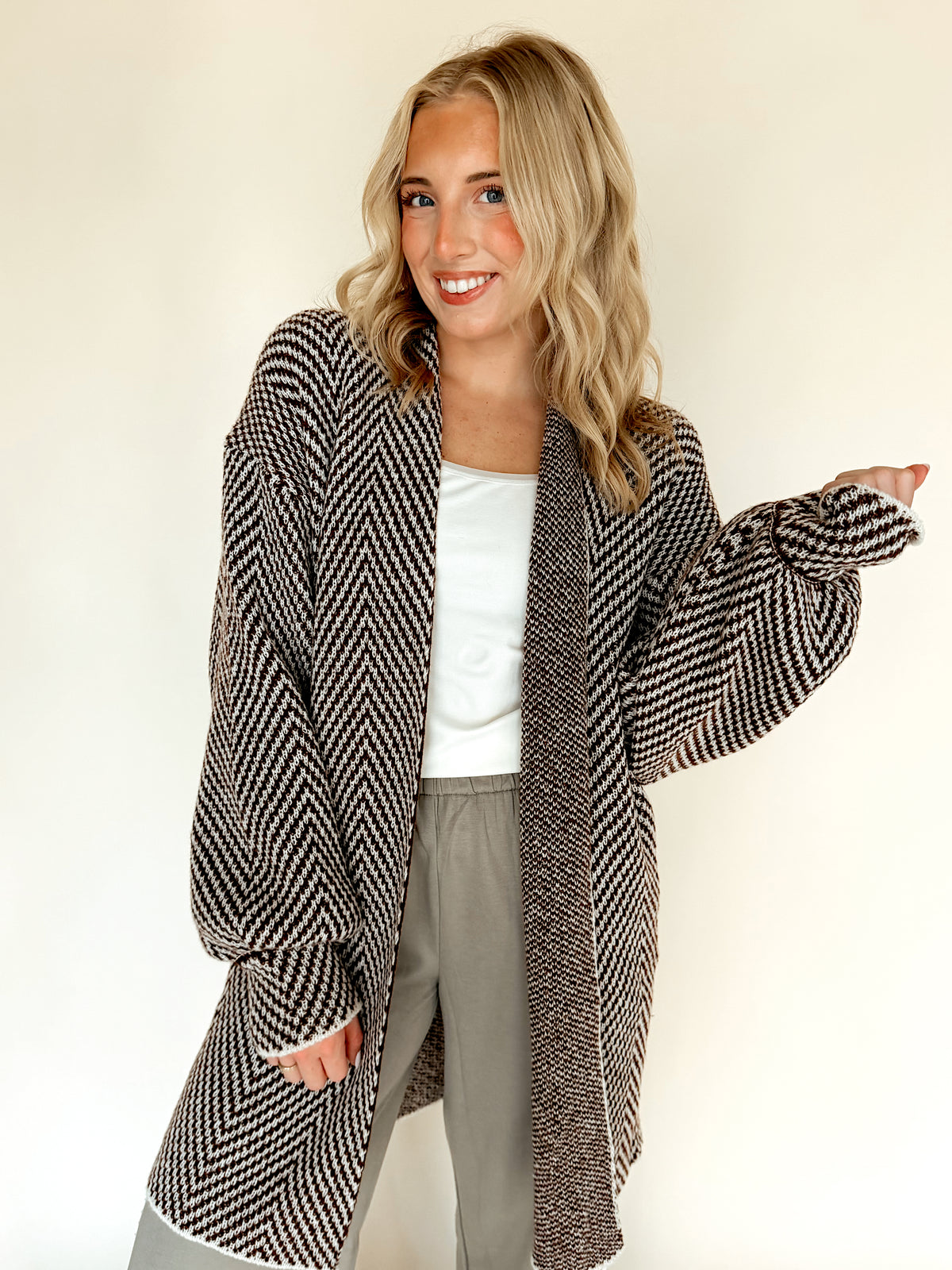 Herringbone Pattern Open-Front Cardigan