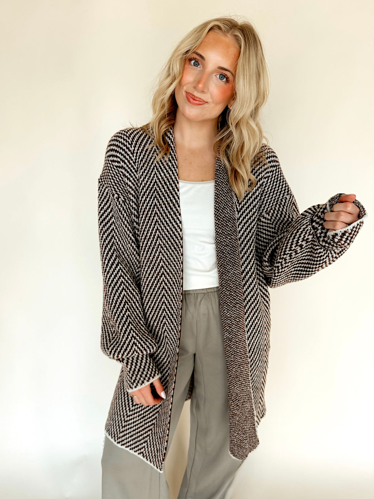Herringbone Pattern Open-Front Cardigan