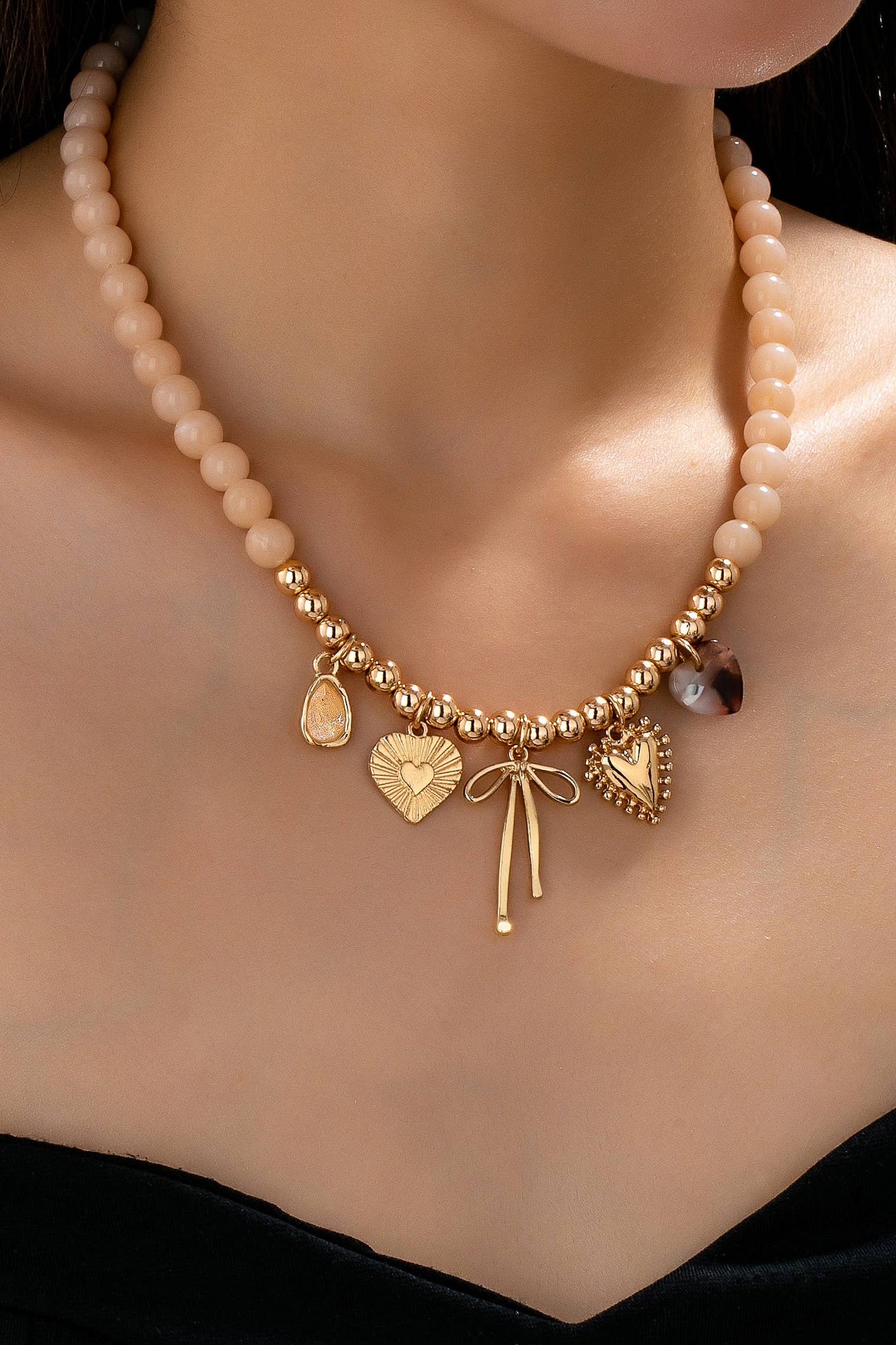 Beaded Bow Heart Rhinestone Charm Necklace